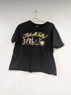 Looney Tunes "That's All Folks" Cropped Graphic Tee Black Size Medium